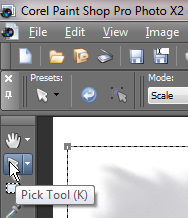 The Pick Tool in Corel Paint Shop Pro Photo X2 Ultimate running on Windows 7.