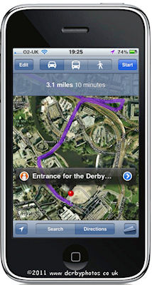 iPhone showing my location push pin for the Derby Casino.